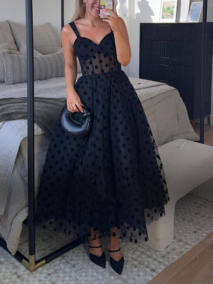 Tulle Polka Dot Sweetheart Bustier Midi Dress