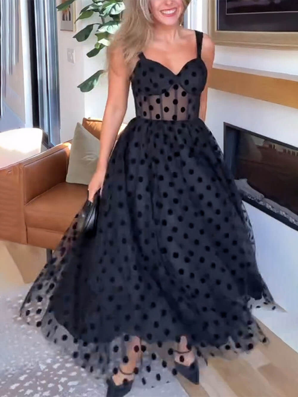 Tulle Polka Dot Sweetheart Bustier Midi Dress