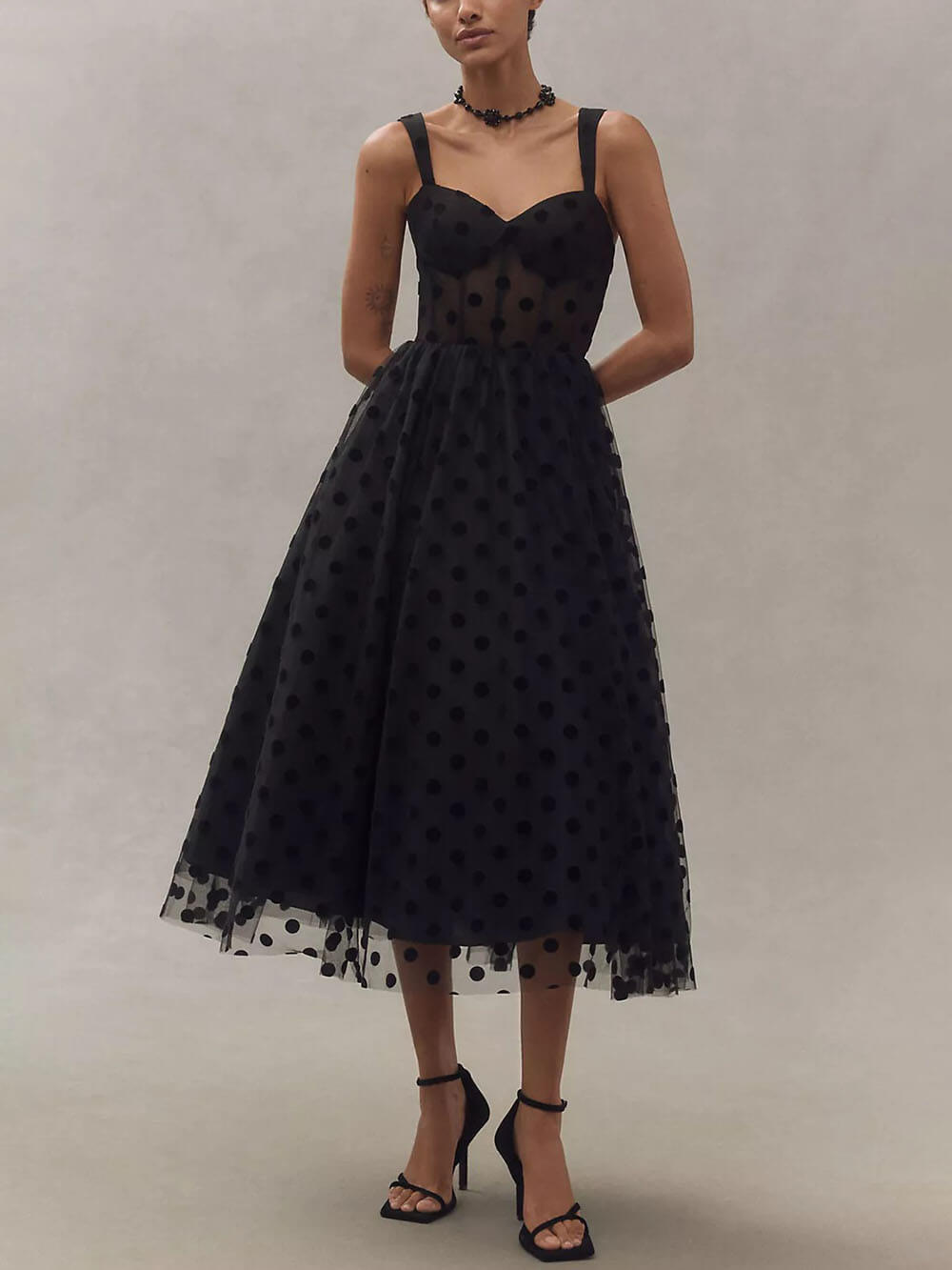 Tulle Polka Dot Sweetheart Bustier Midi Dress