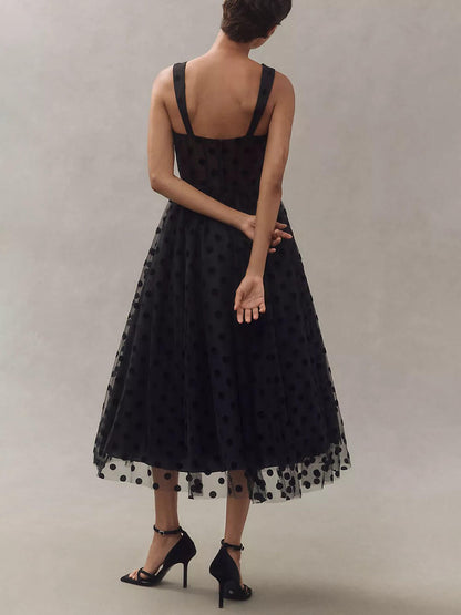 Tulle Polka Dot Sweetheart Bustier Midi Dress