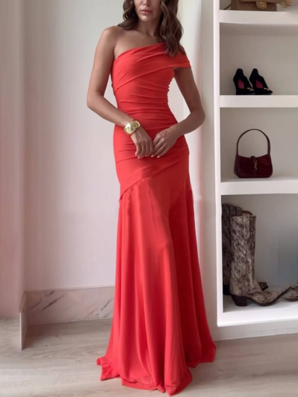 Mesh Off-Shoulder Ruched Stretch Maxi Dress