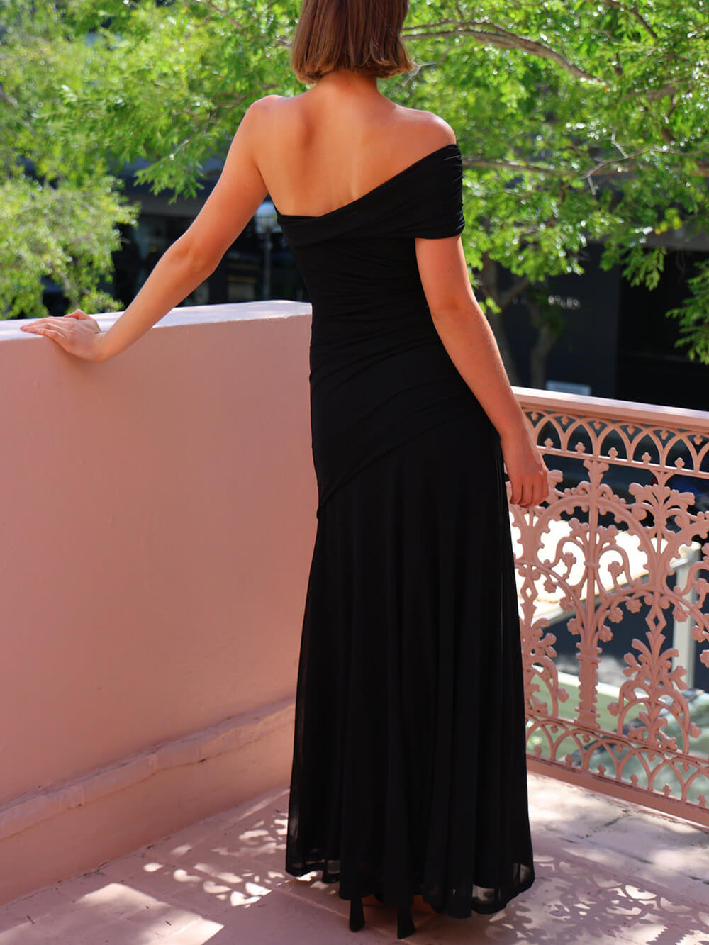 Mesh Off-Shoulder Ruched Stretch Maxi Dress