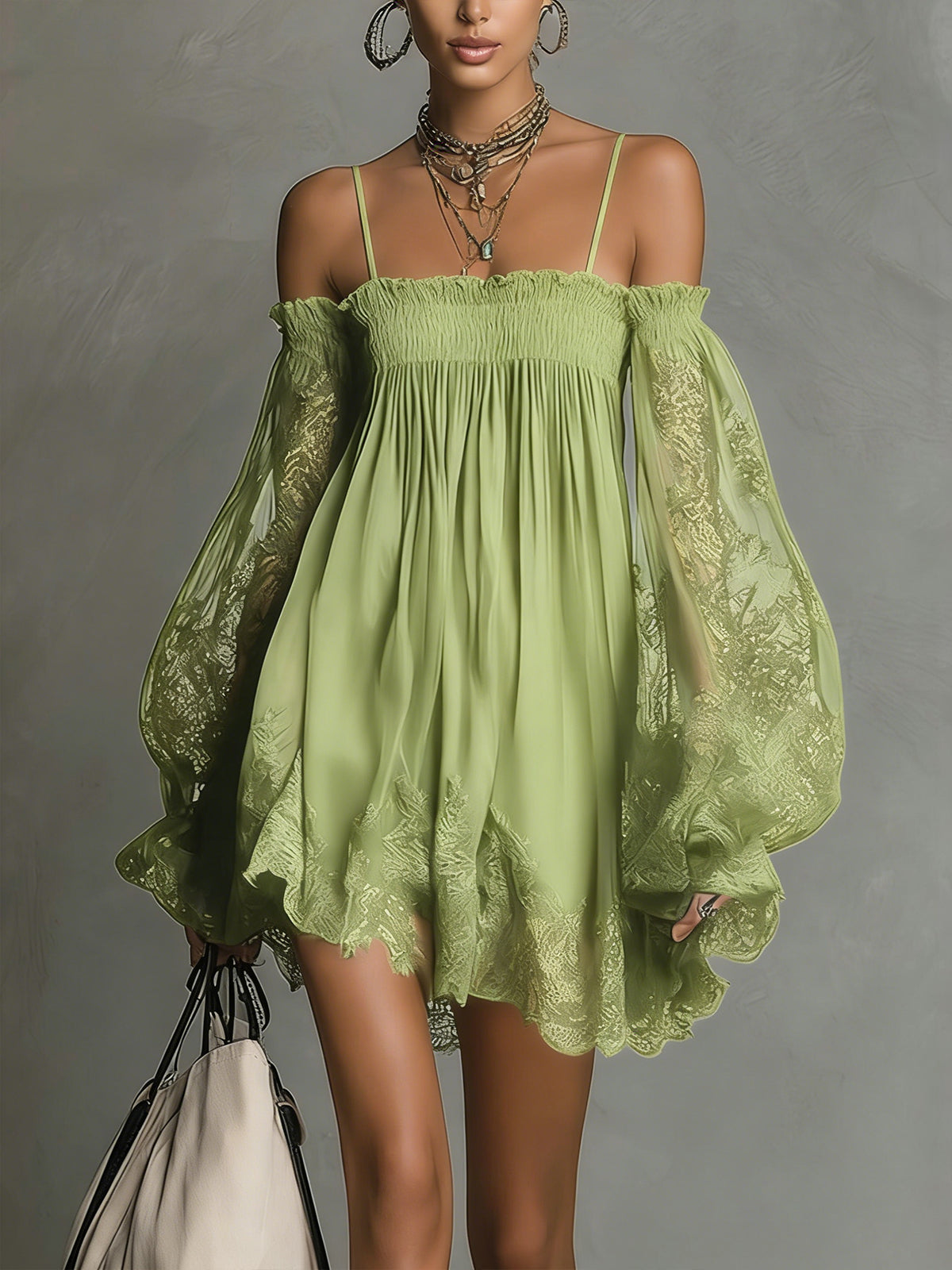 Noemi - Navy blue chiffon mini dress with off-the-shoulder neckline, lace trim and sheer sleeves