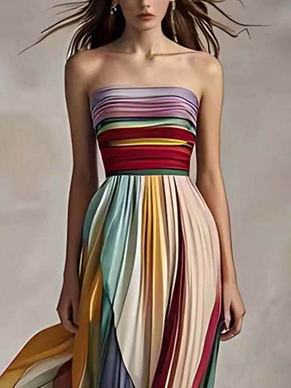 Striped Off-Shoulder Pleated Bandeau Maxi Dress