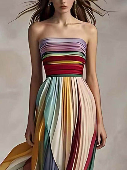 Striped Off-Shoulder Pleated Bandeau Maxi Dress