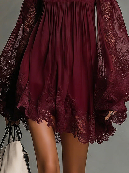 Noemi - Navy blue chiffon mini dress with off-the-shoulder neckline, lace trim and sheer sleeves