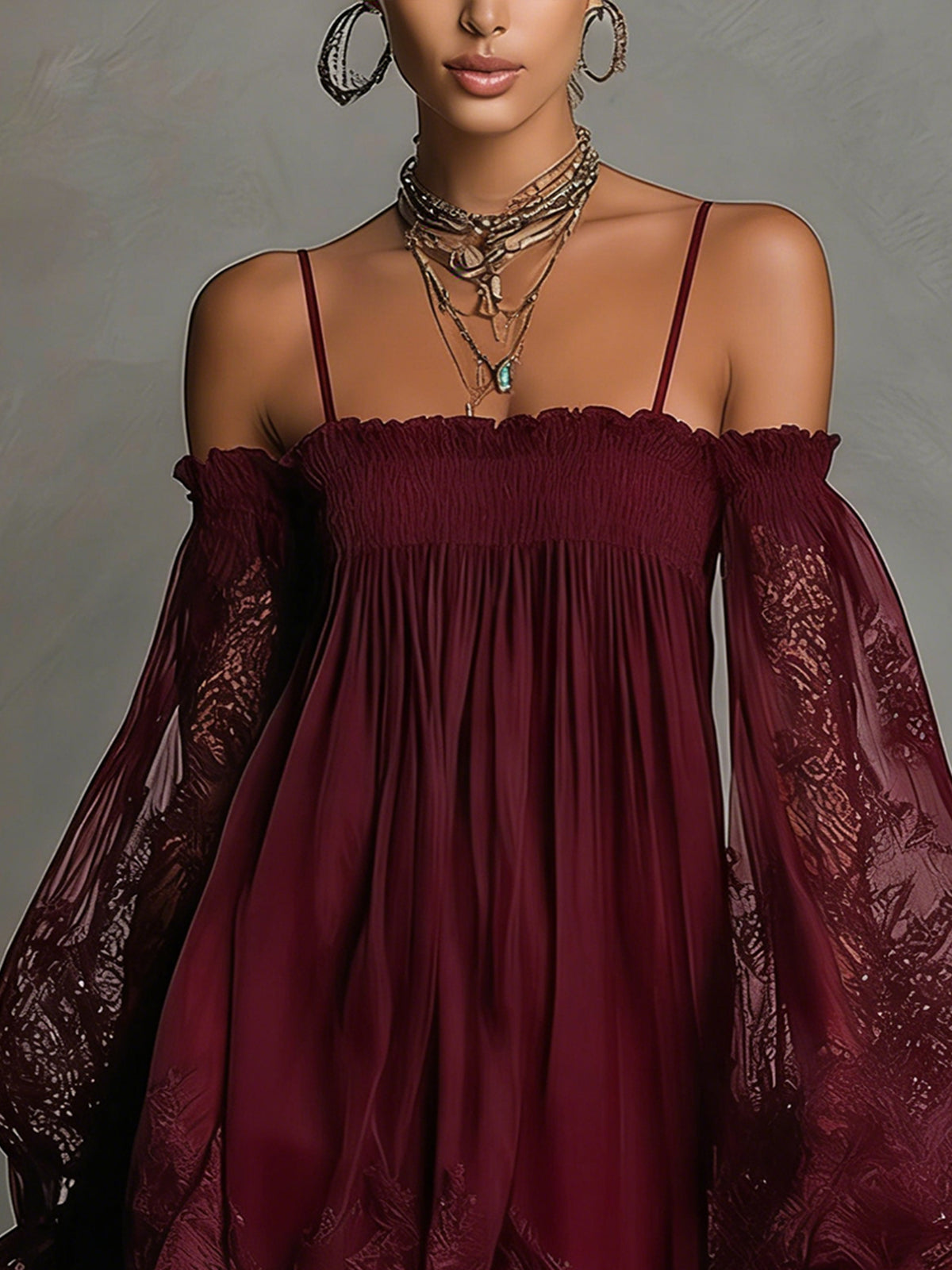 Noemi - Navy blue chiffon mini dress with off-the-shoulder neckline, lace trim and sheer sleeves