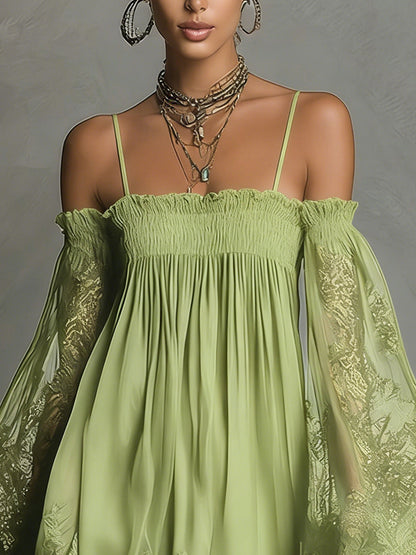 Noemi - Navy blue chiffon mini dress with off-the-shoulder neckline, lace trim and sheer sleeves