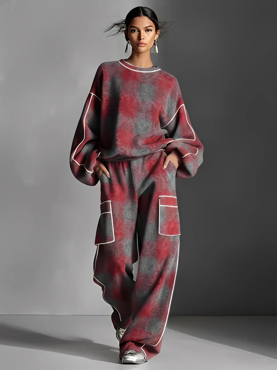 Red & Grey Plaid Colour Block Piping Pantsuit Set