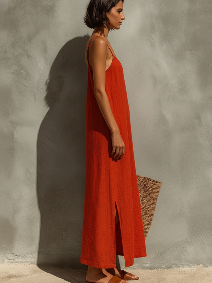 Red Cotton Spaghetti Strap Square Neck Dress