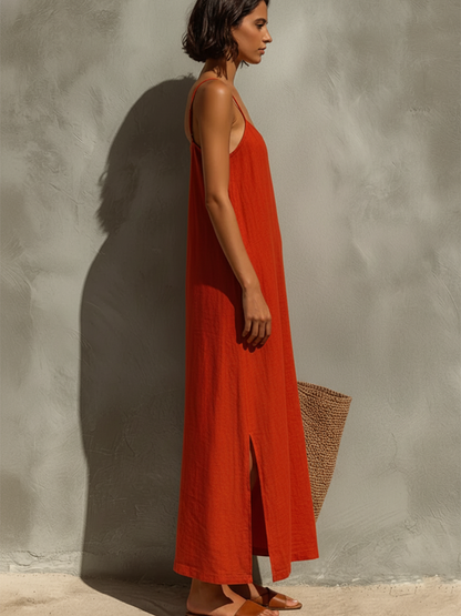 Red Cotton Spaghetti Strap Square Neck Dress
