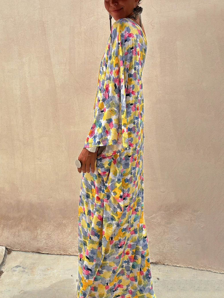 Ink-Dye Print Off-Shoulder Maxi Dress
