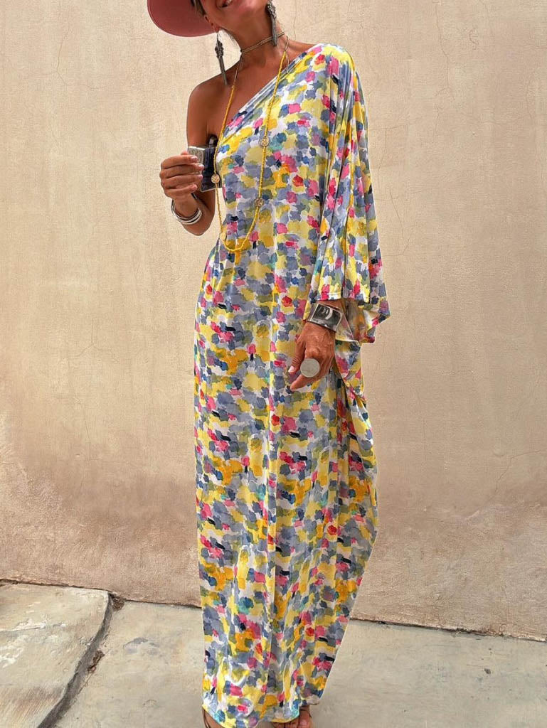 Ink-Dye Print Off-Shoulder Maxi Dress