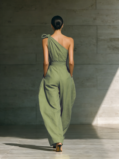 Light Green Cotton-Linen One-Shoulder Tie Waist Wide-Leg Jumpsuit
