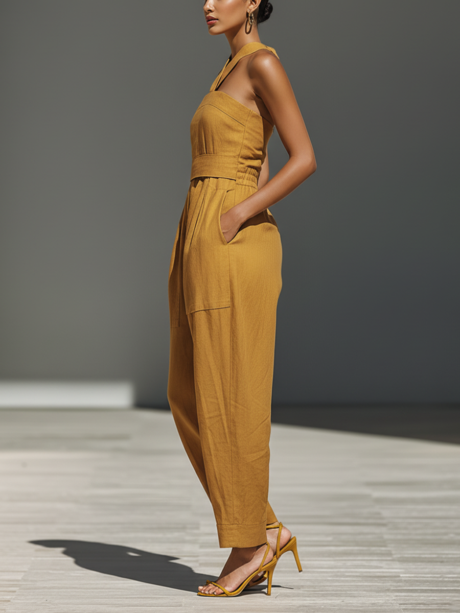 Linen Crisscross Neck Relaxed Jumpsuit
