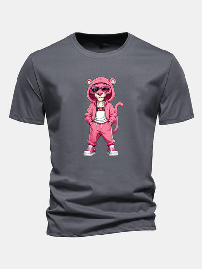 Regular Fit Street Fashion Pink Panther Print Cotton T-Shirt
