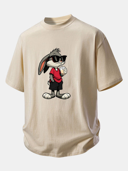 Relax Fit Cartoon Rabbit Print Cotton T-Shirt