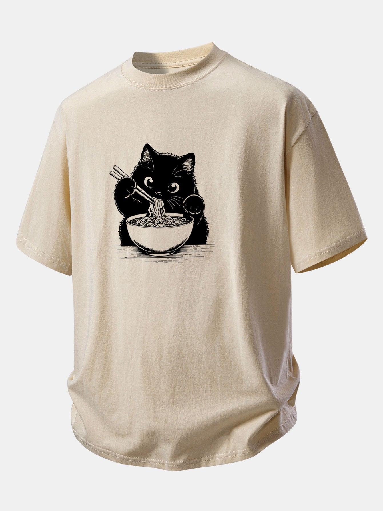 Relax Fit Black Cat Ramen Print Cotton T-Shirt