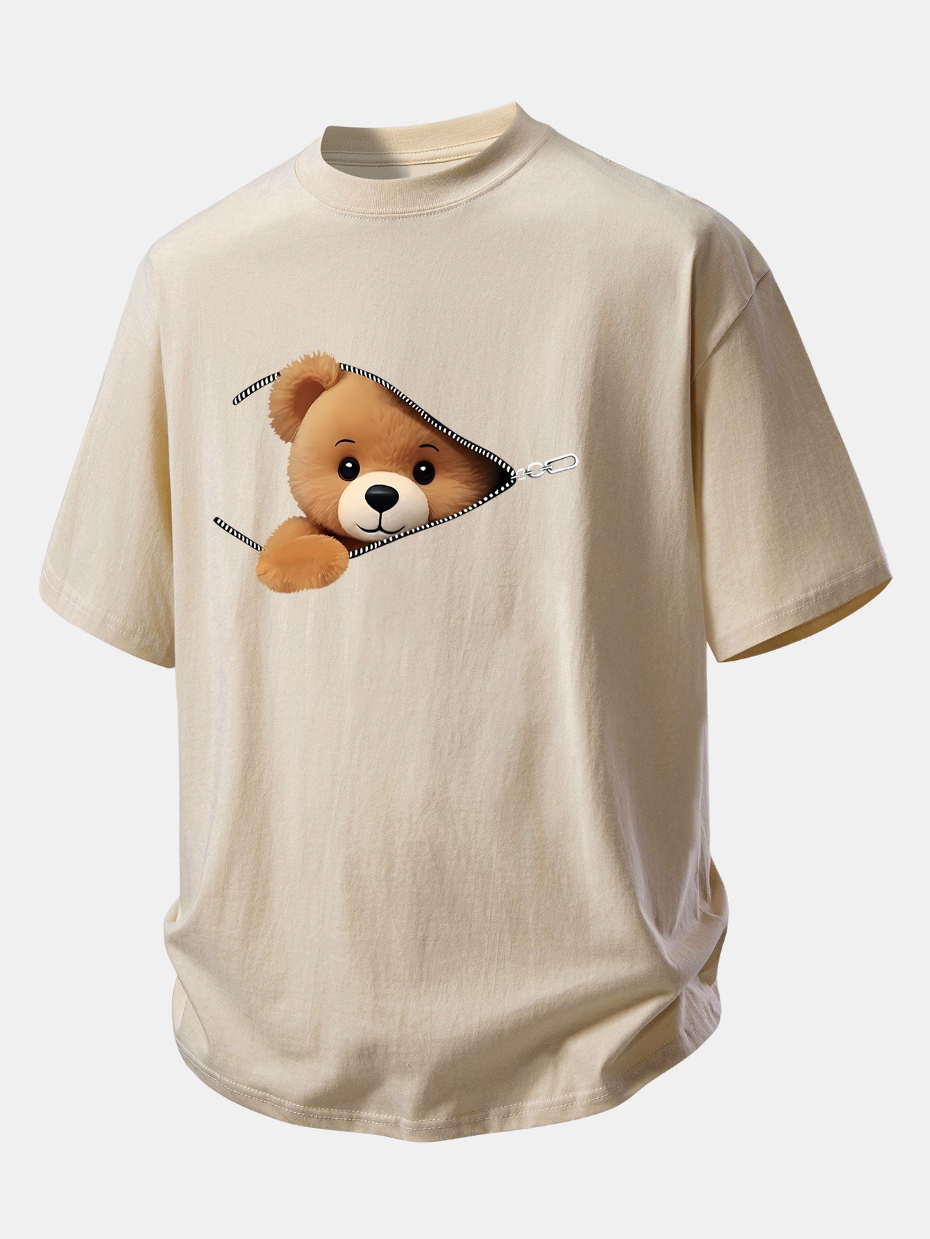 Relax Fit Zipper Bear Print Cotton T-Shirt