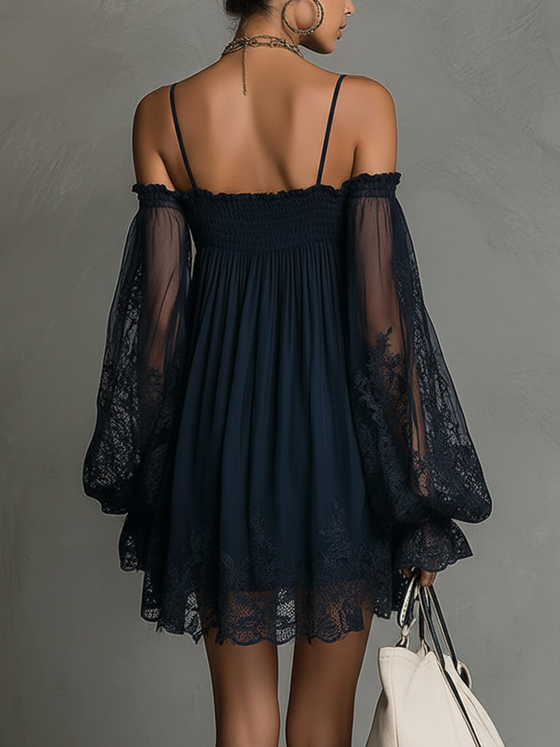 Noemi - Navy blue chiffon mini dress with off-the-shoulder neckline, lace trim and sheer sleeves