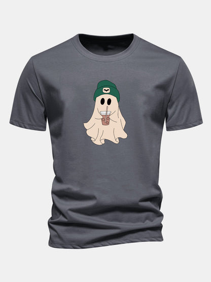 Regular Fit Darkgreen Hat Ghost Print Cotton T-Shirt