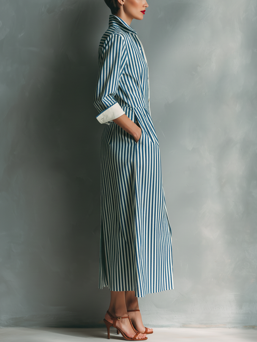 women's Blue And White Cotton Blend Striped Shirt Dress