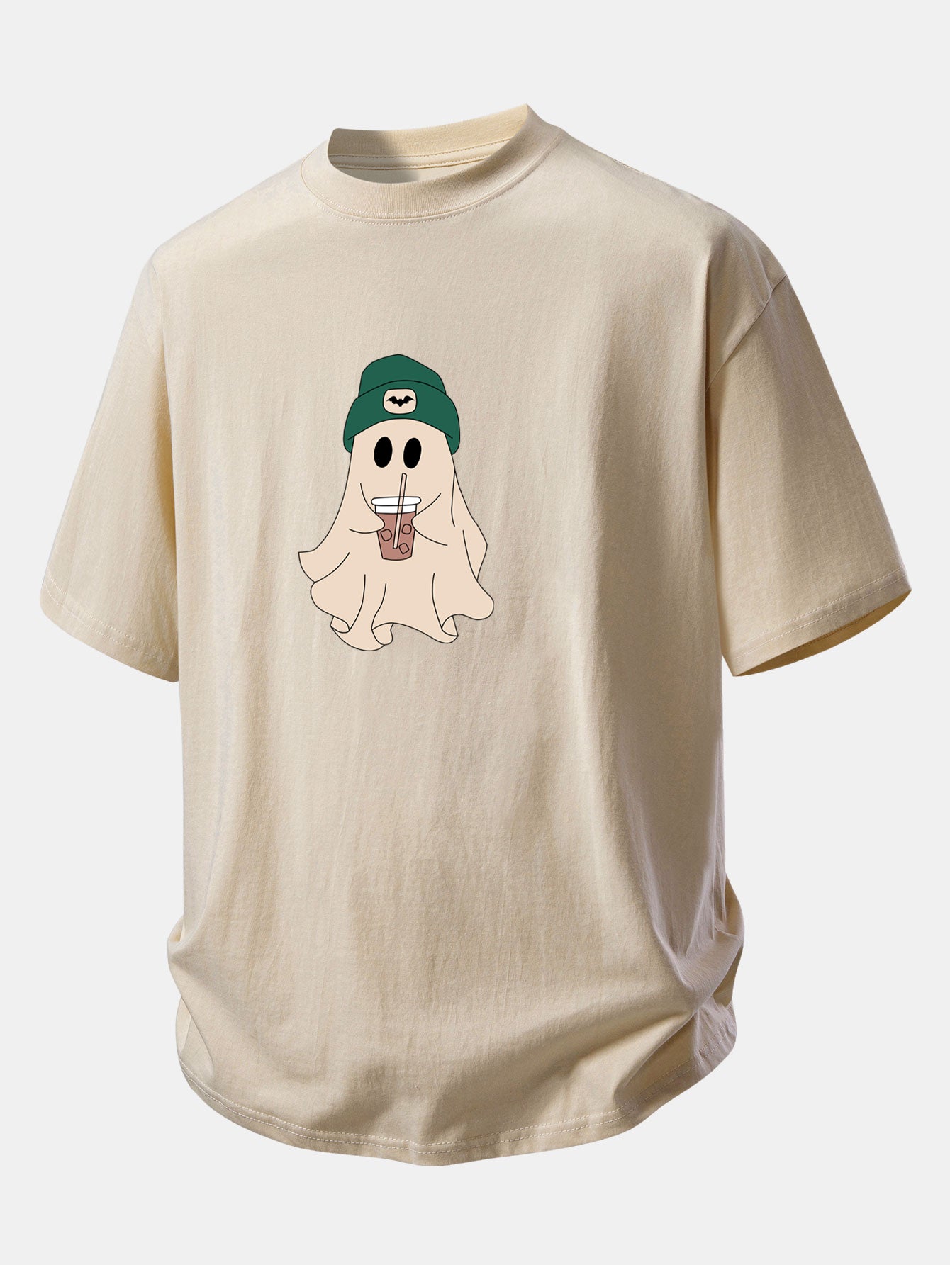 Relax Fit Darkgreen Hat Ghost Print Cotton T-Shirt
