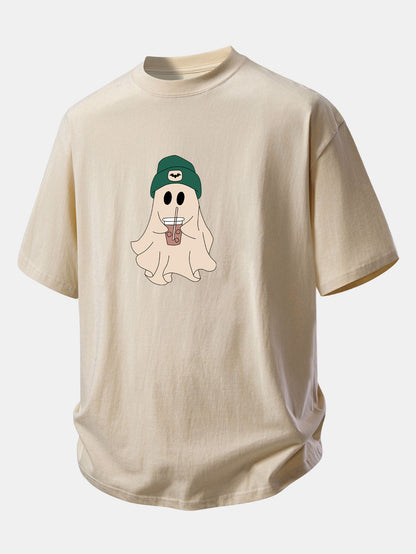 Relax Fit Darkgreen Hat Ghost Print Cotton T-Shirt