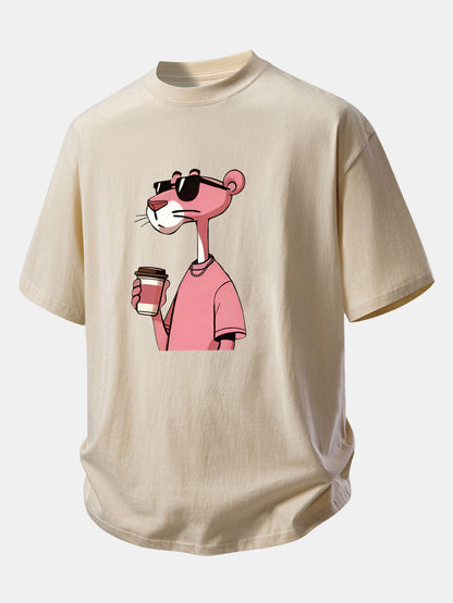 Relax Fit Pink Panther Drinking Coffee Print Cotton T-Shirt