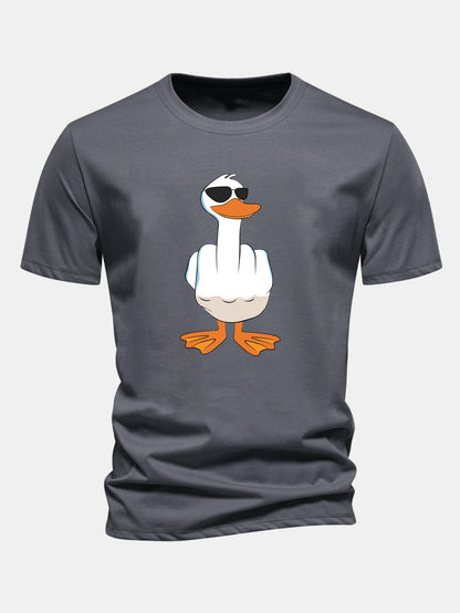 Regular Fit Funny Middle Finger Duck Print Cotton T-Shirt