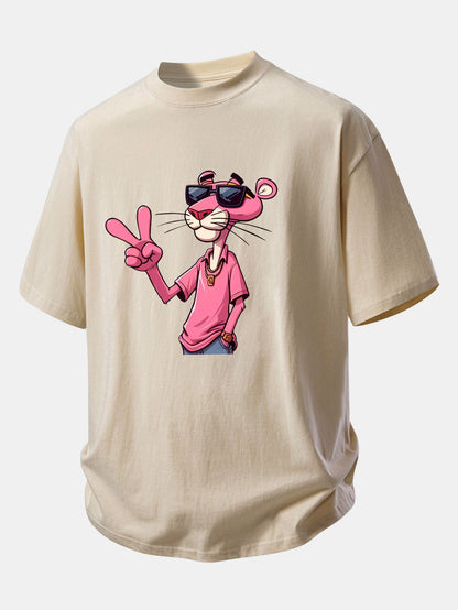 Relax Fit Pink Panther With V Sign Print Cotton T-Shirt
