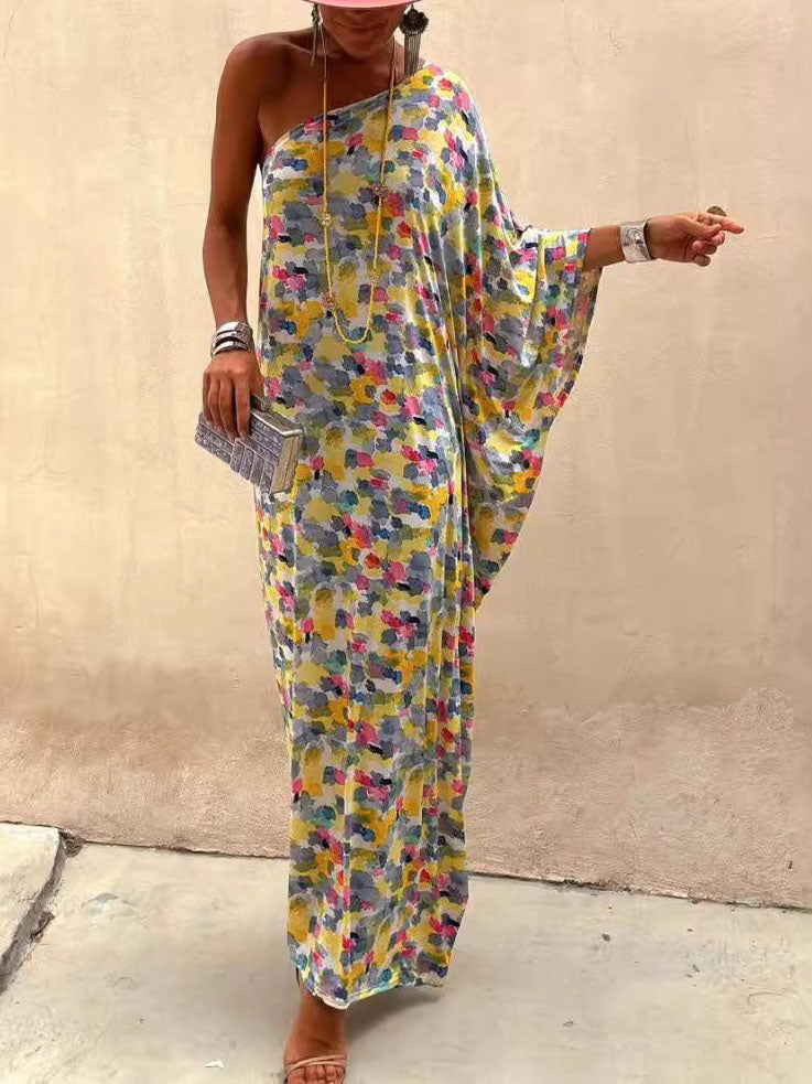 Ink-Dye Print Off-Shoulder Maxi Dress