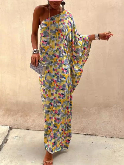 Ink-Dye Print Off-Shoulder Maxi Dress
