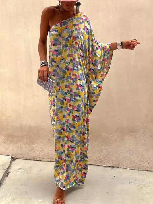 Ink-Dye Print Off-Shoulder Maxi Dress