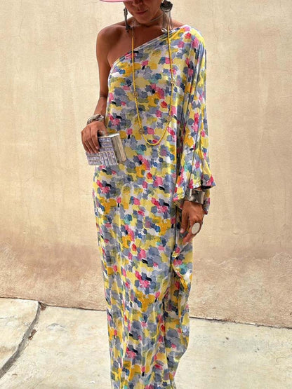 Ink-Dye Print Off-Shoulder Maxi Dress