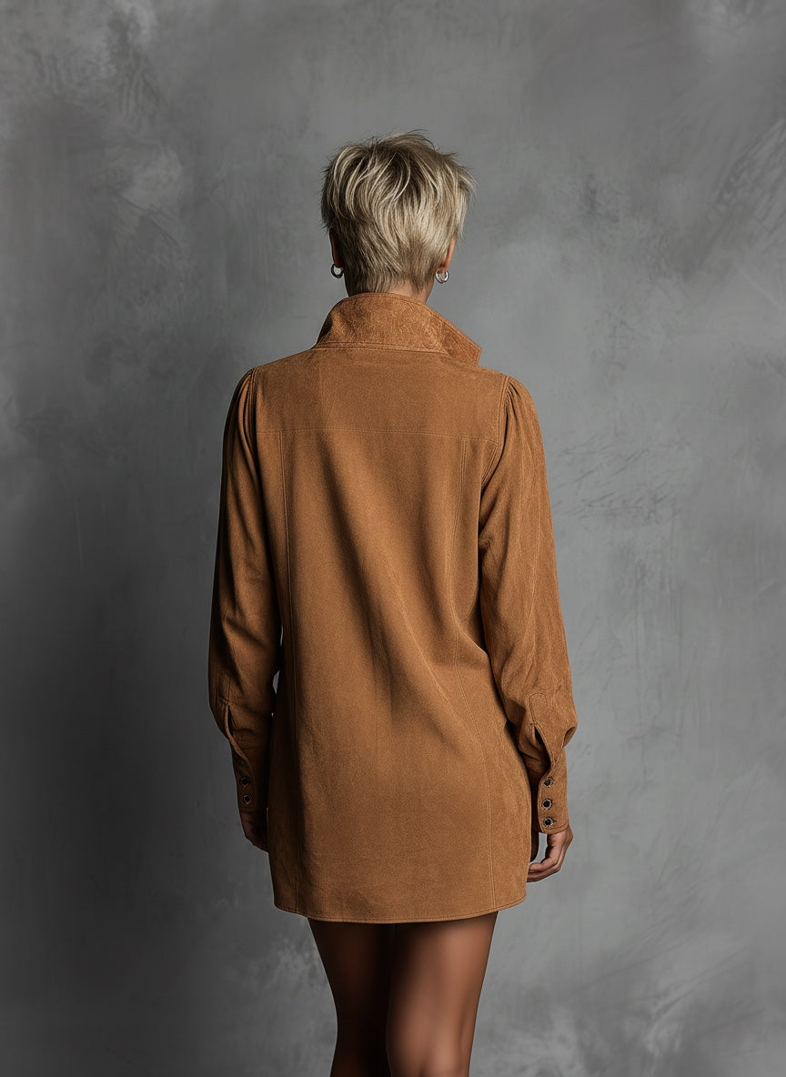 Suede Embossed V-Neck Long Sleeve Casual Dress
