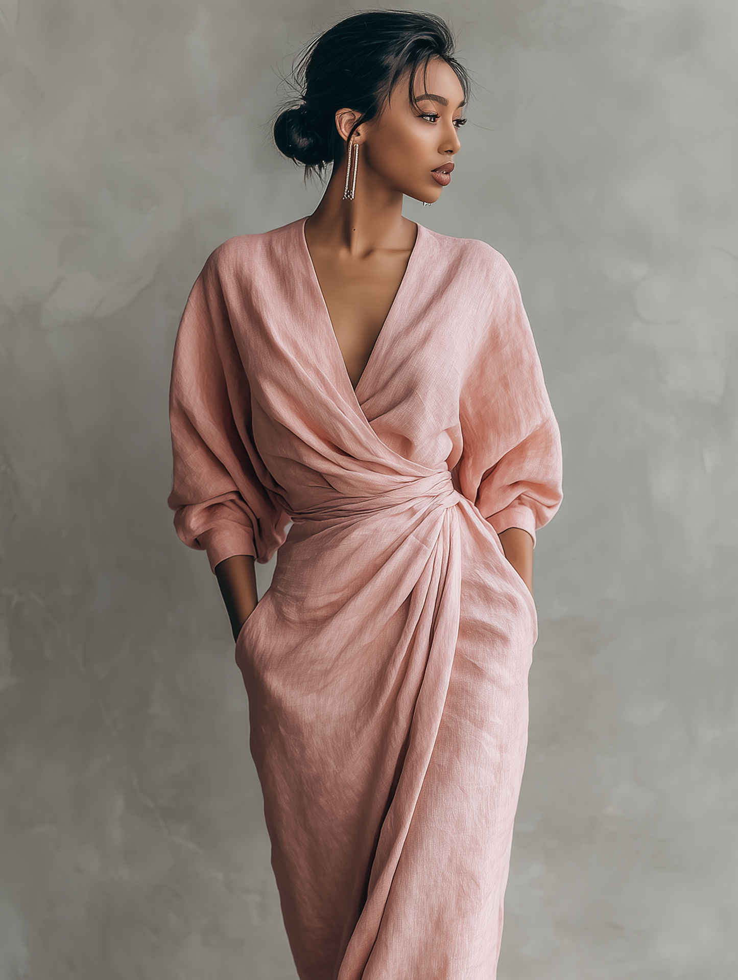 Minimalist Pink V-Neck Linen Blend Maxi Dress
