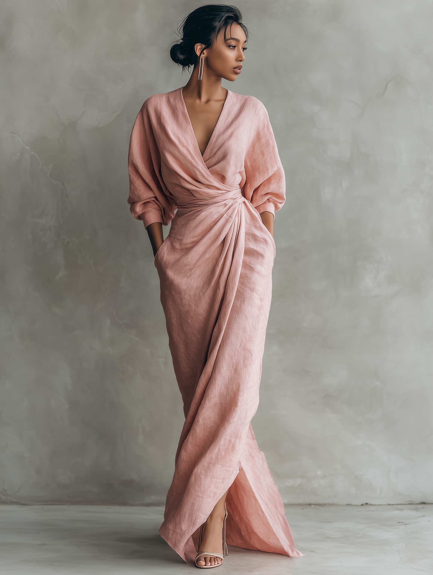 Minimalist Pink V-Neck Linen Blend Maxi Dress