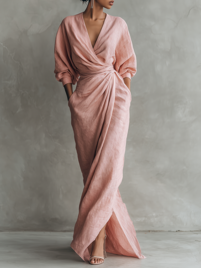 Minimalist Pink V-Neck Linen Blend Maxi Dress