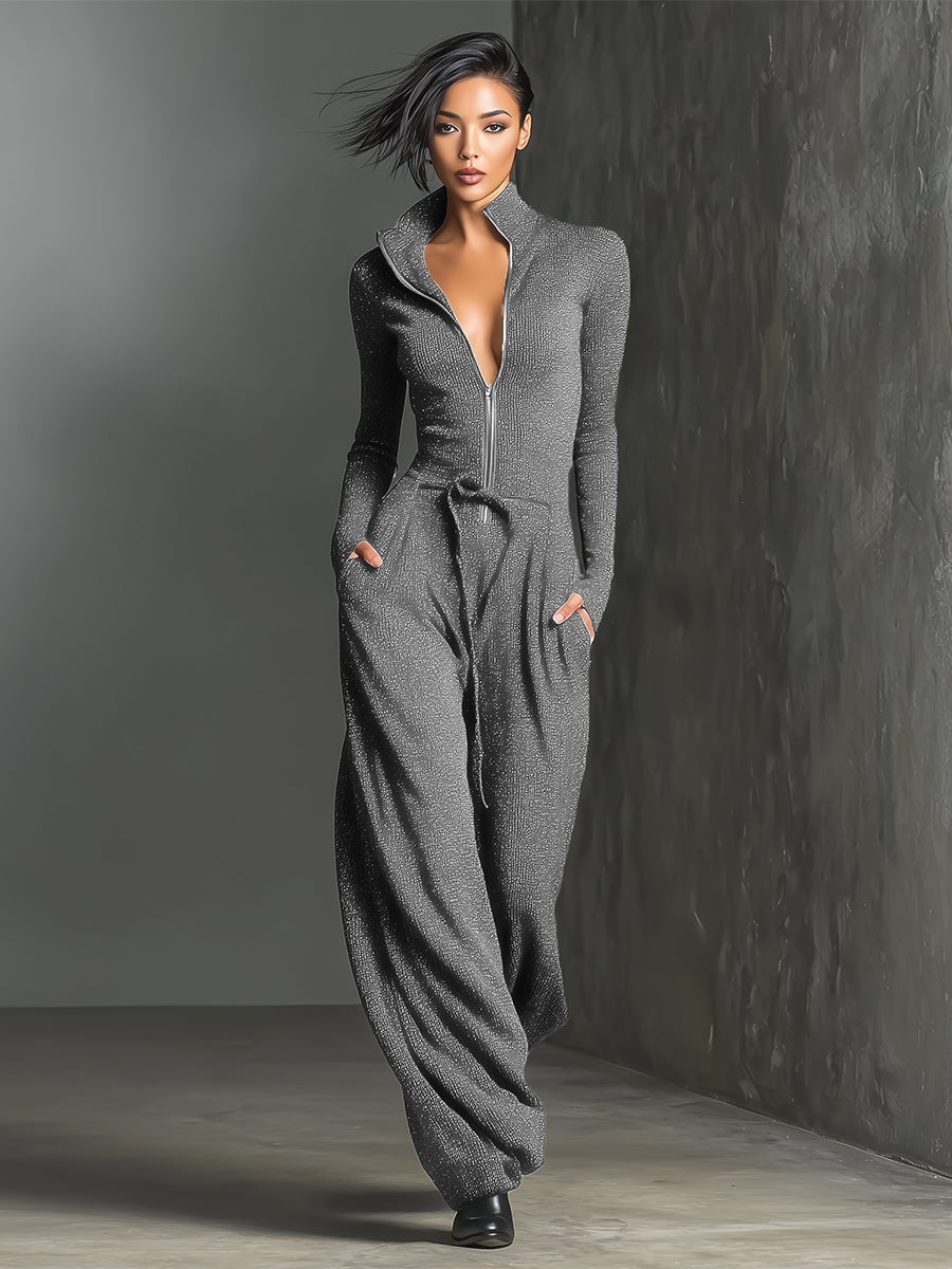 Knit Sparkling Zipper Front Jumpsuit