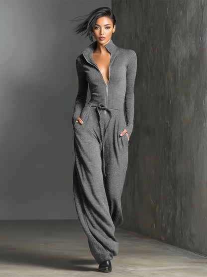 Knit Sparkling Zipper Front Jumpsuit