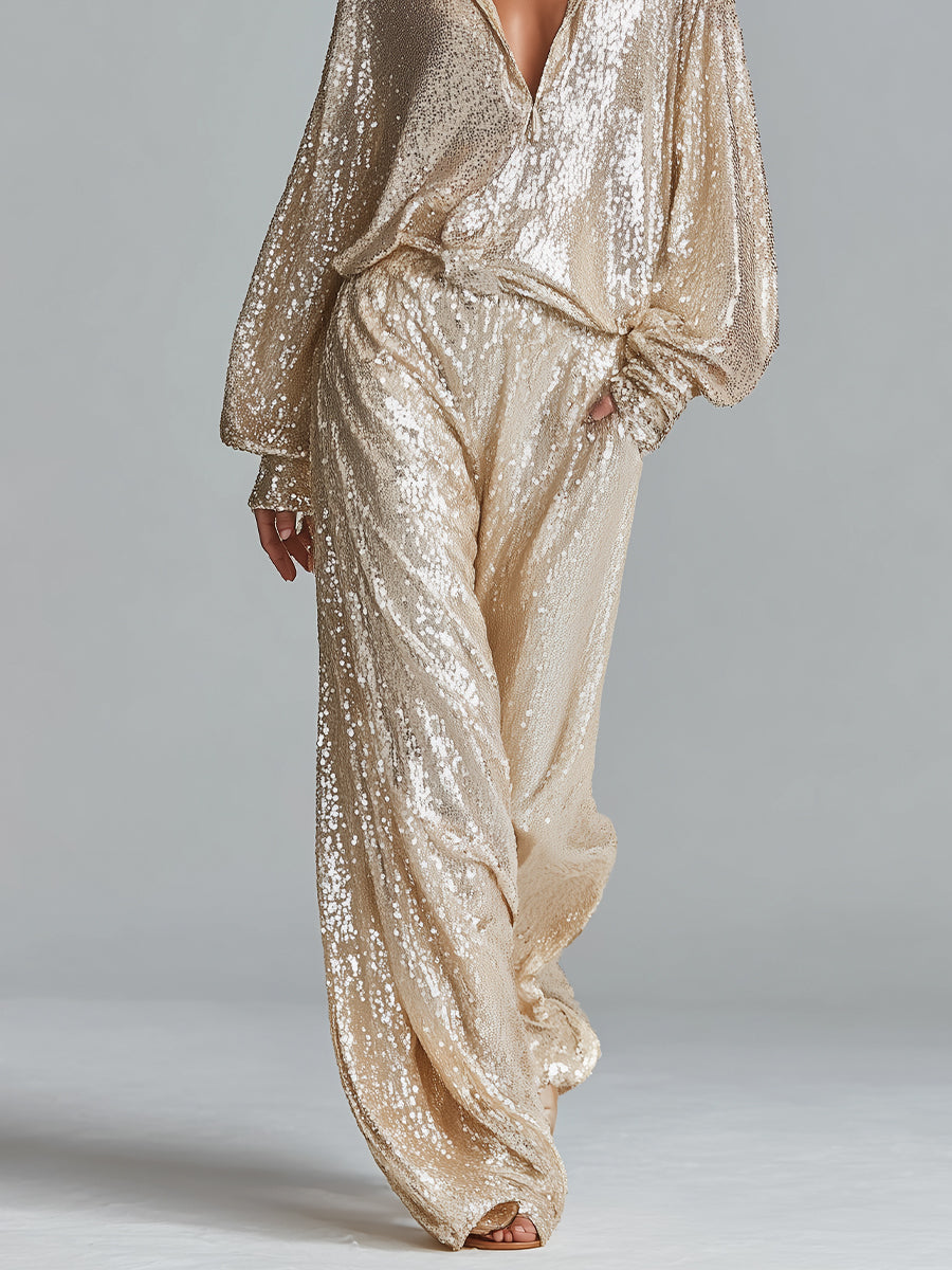 Gold Sequin Collared Half-Zip Wide-Leg Loungewear Set