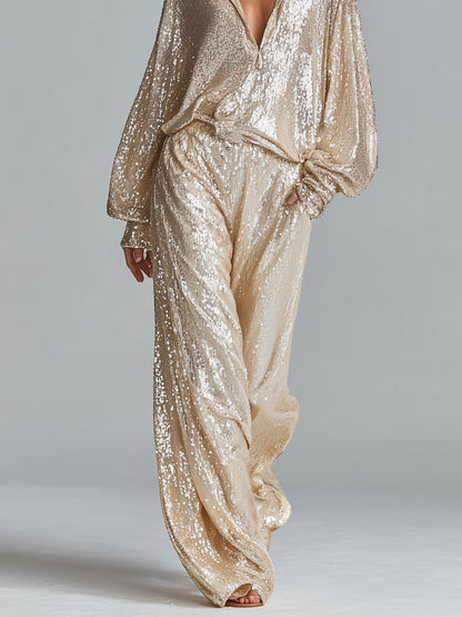 Gold Sequin Collared Half-Zip Wide-Leg Loungewear Set