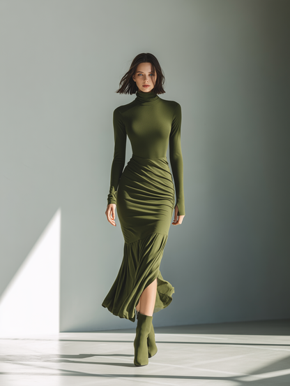 Army Green Stretch Knit High Neck Pleated Slim Maxi Dress
