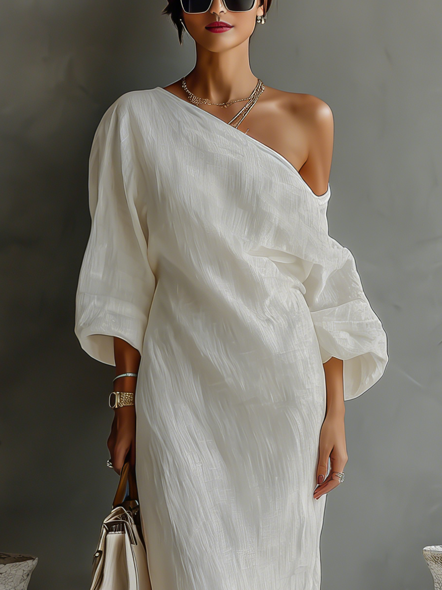 Ivory Cotton-Linen One-Shoulder Flowing Dress