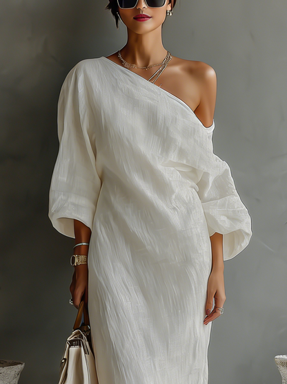 Ivory Cotton-Linen One-Shoulder Flowing Dress