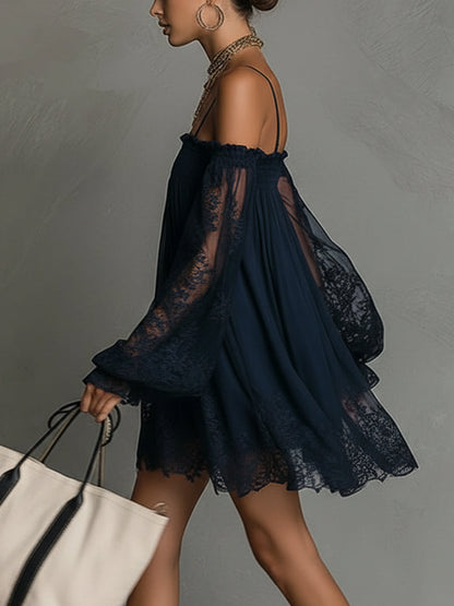 Noemi - Navy blue chiffon mini dress with off-the-shoulder neckline, lace trim and sheer sleeves
