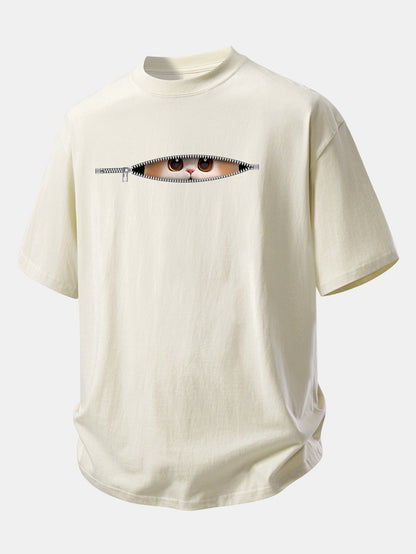 Relax Fit Zipper Cat Print Cotton T-Shirt