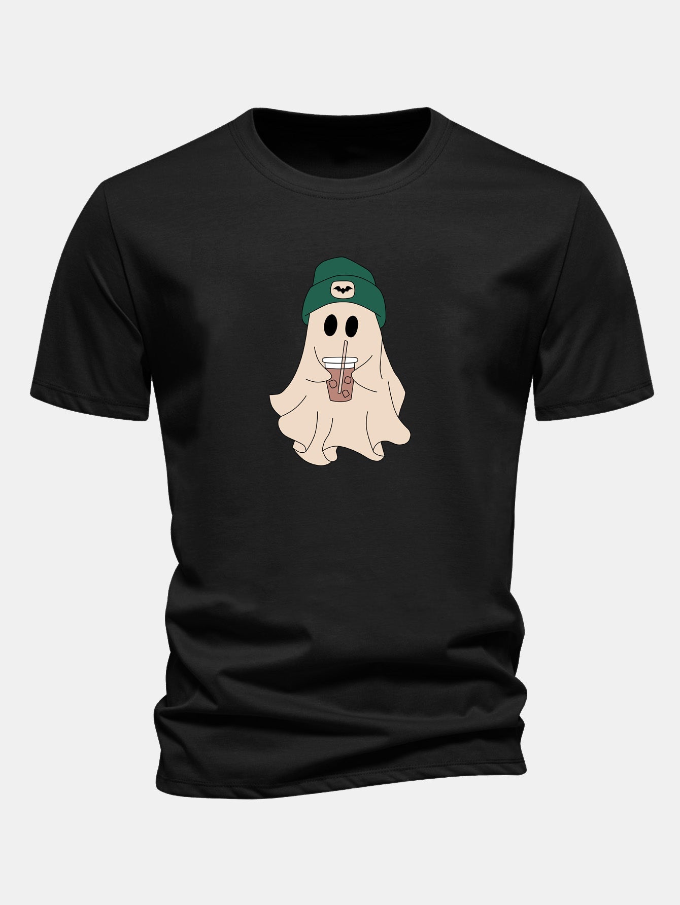 Regular Fit Darkgreen Hat Ghost Print Cotton T-Shirt