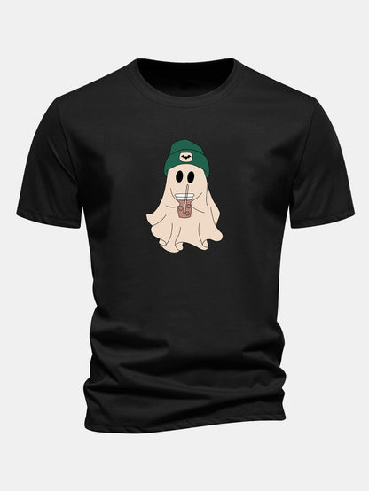 Regular Fit Darkgreen Hat Ghost Print Cotton T-Shirt